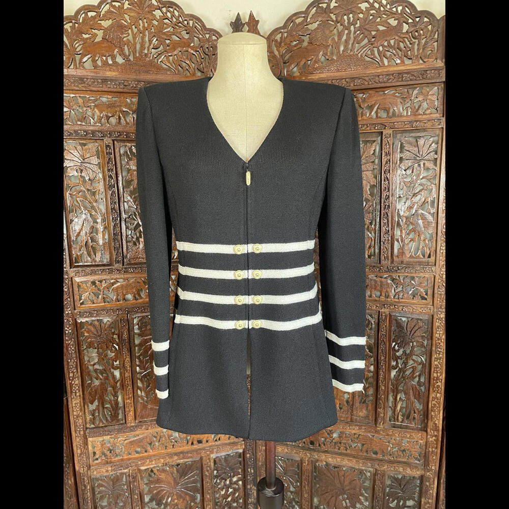 St. John Collection By Marie Gray Black Cream Stripe Front Zip Knit Blazer Sz 8